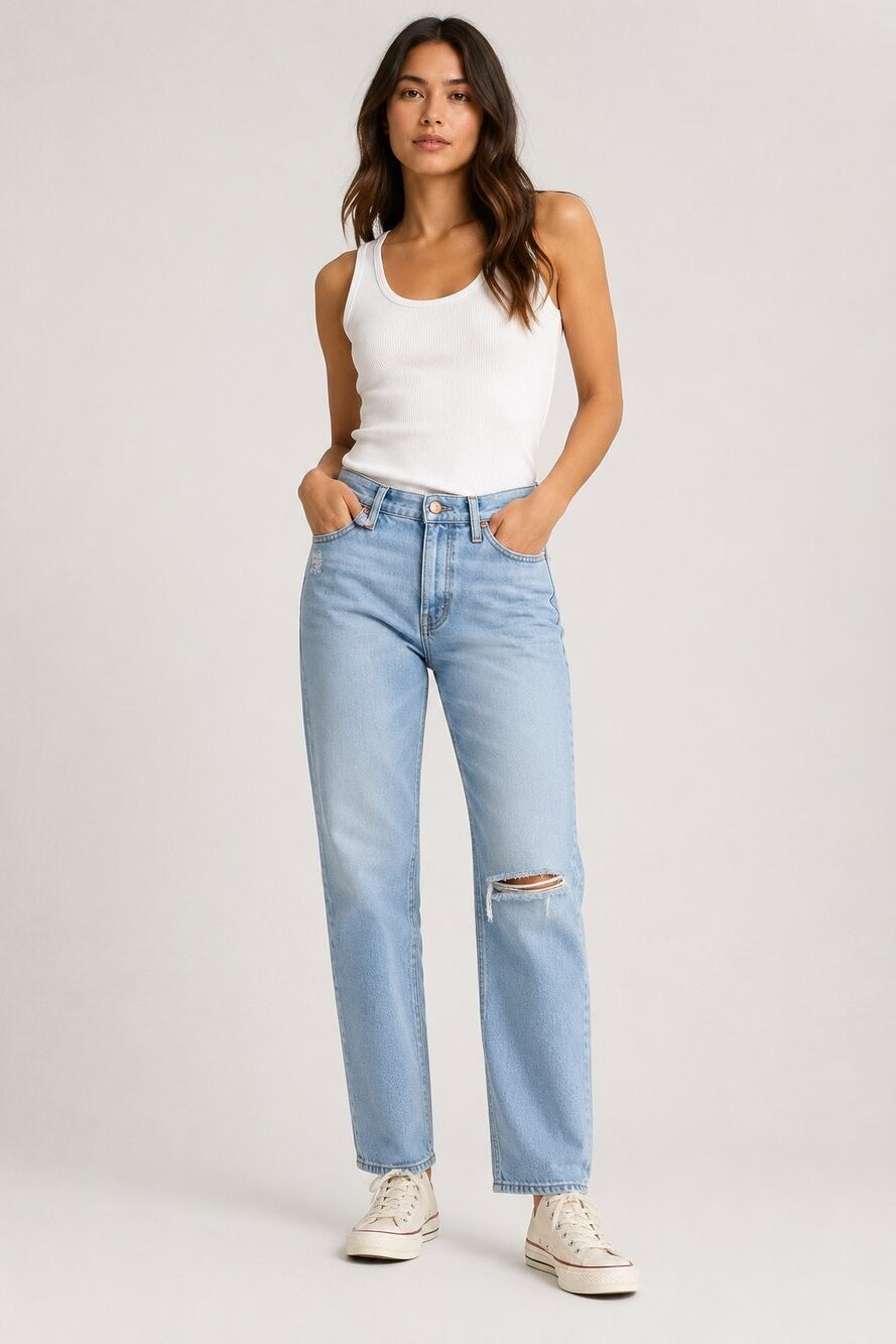 Madewell Mid-Rise Classic Straight Jeans Light Wash Distressed Denim 25